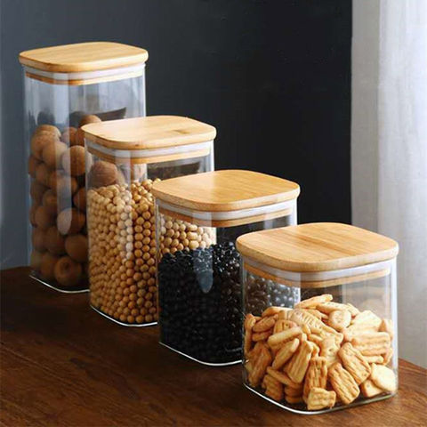 Borosilicate Glass Squared Jar Wood Cover 550 ml-lunazchef.shop