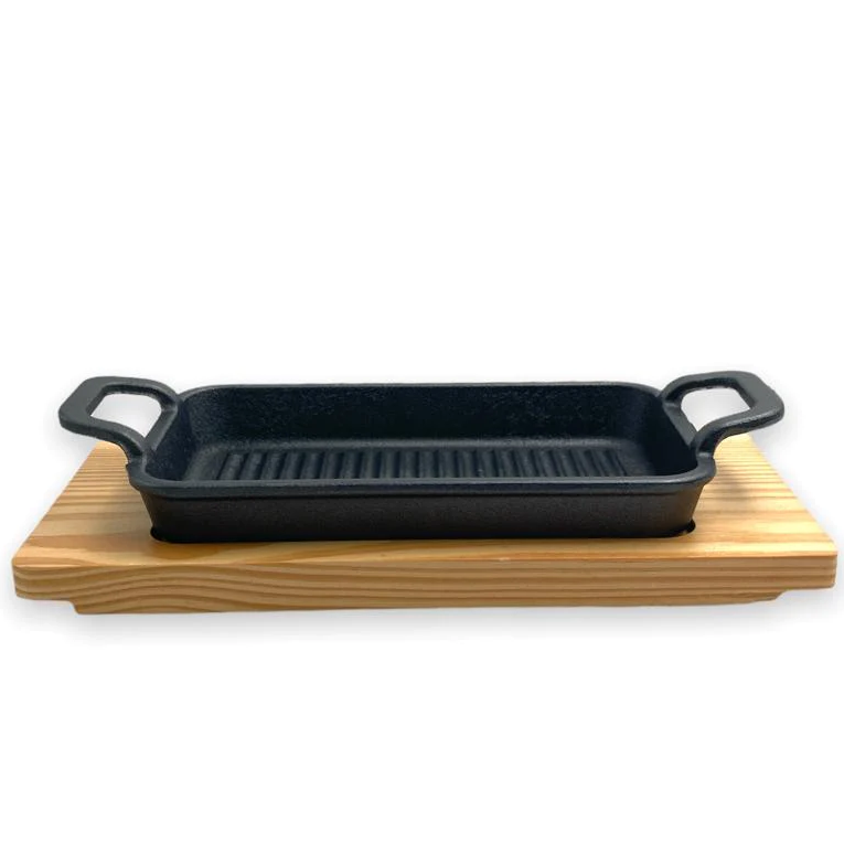 Rectangular Cast Iron Sizzling with wooden base 21 cm - lunazchef.shop