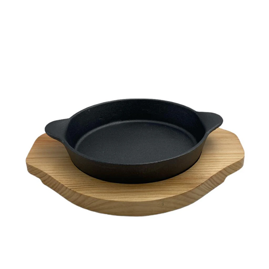 Cast iron round sizzling platter with wooden board - lunazchef.shop