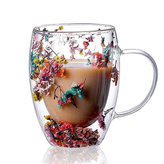 Flowery Double Wall Glass Mug 350 ml - 12 cm - lunazchef.shop