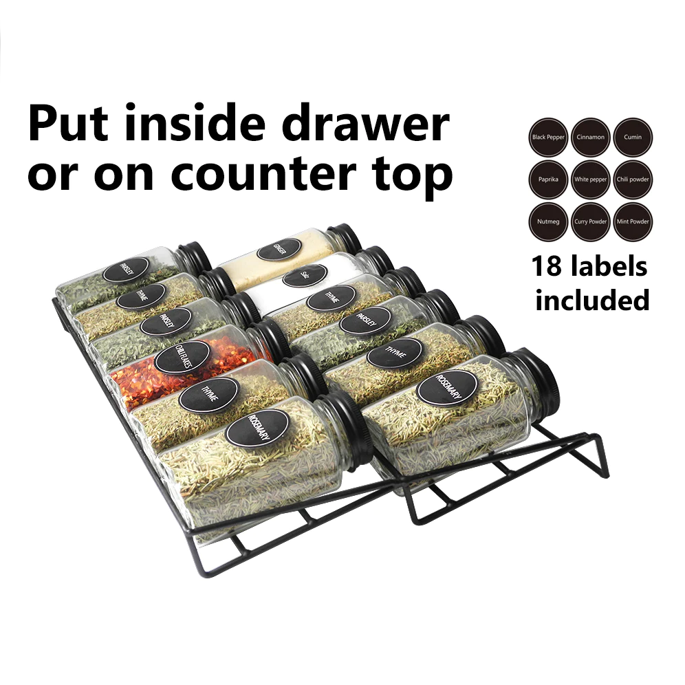 Glass Spice Set 12 pieces with Metal Rack for Drawers - lunazchef.shop