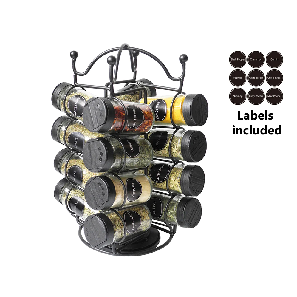 Glass Spice Set 16 pieces with Rotating Metal Stand - lunazchef.shop