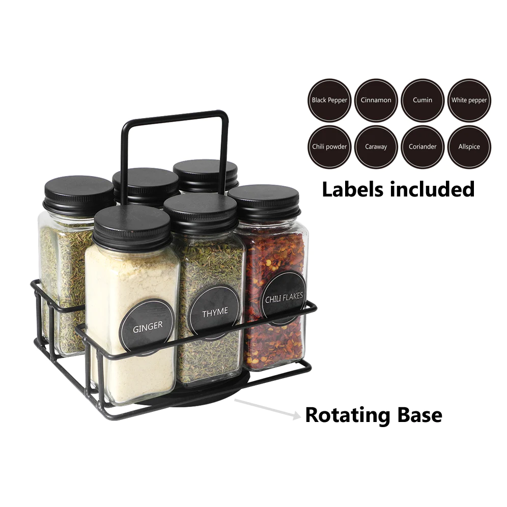 Glass Spice Set 6 pieces with Metal Rotating Basket - lunazchef.shop