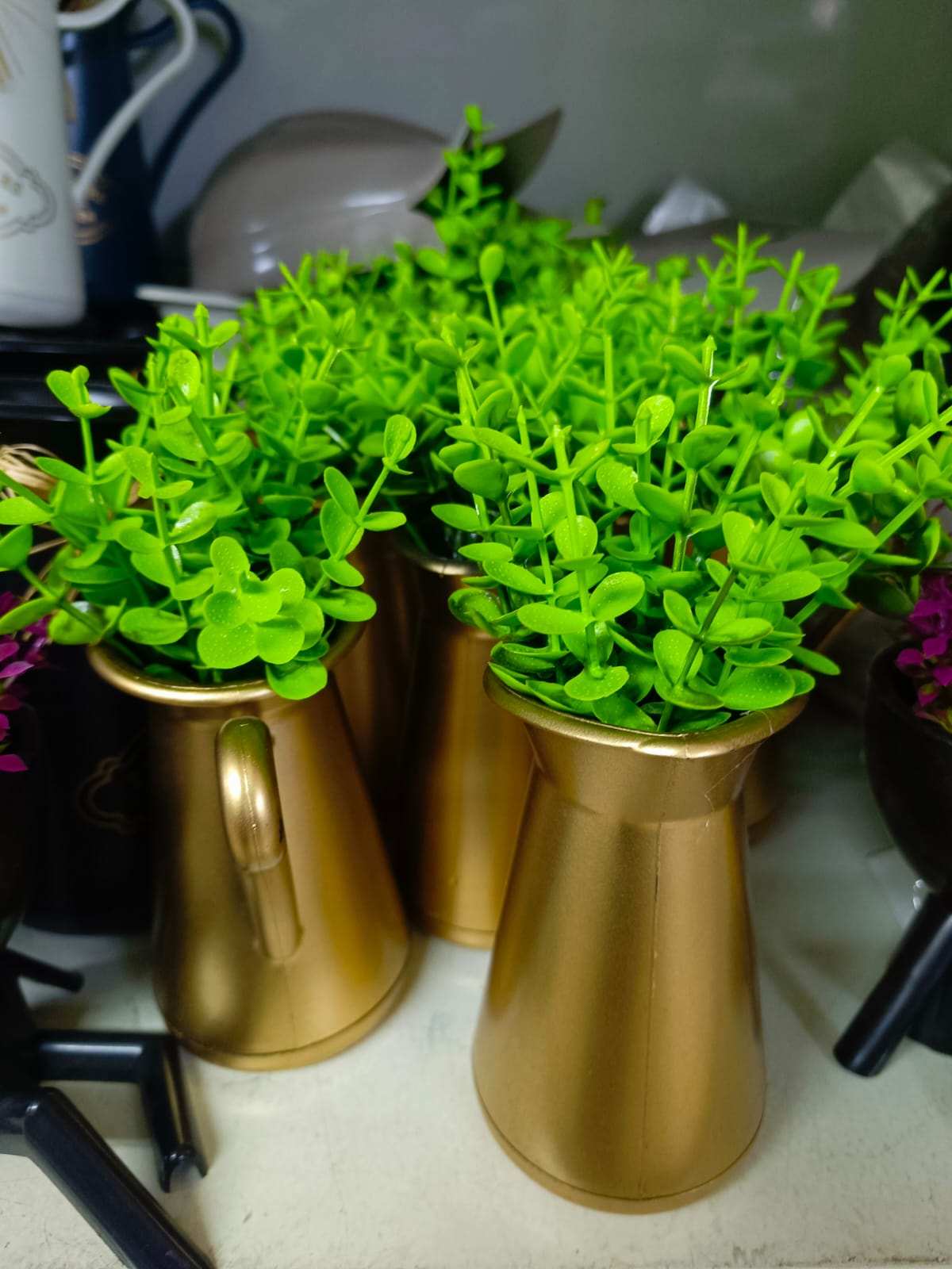 Small Golden Long Vase with Flowers