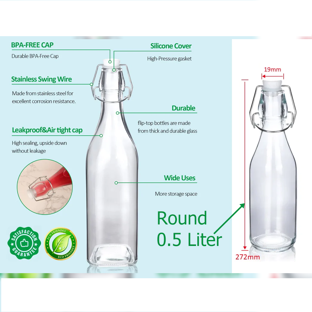 Round Glass Bottle with Flip-top Airtight Lid 0.5 Liter - lunazchef.shop