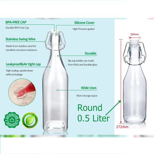 Round Glass Bottle with Flip-top Airtight Lid 0.5 Liter - lunazchef.shop