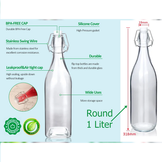 Round Glass Bottle with Flip-top Airtight Lid 1 Liter - lunazchef.shop