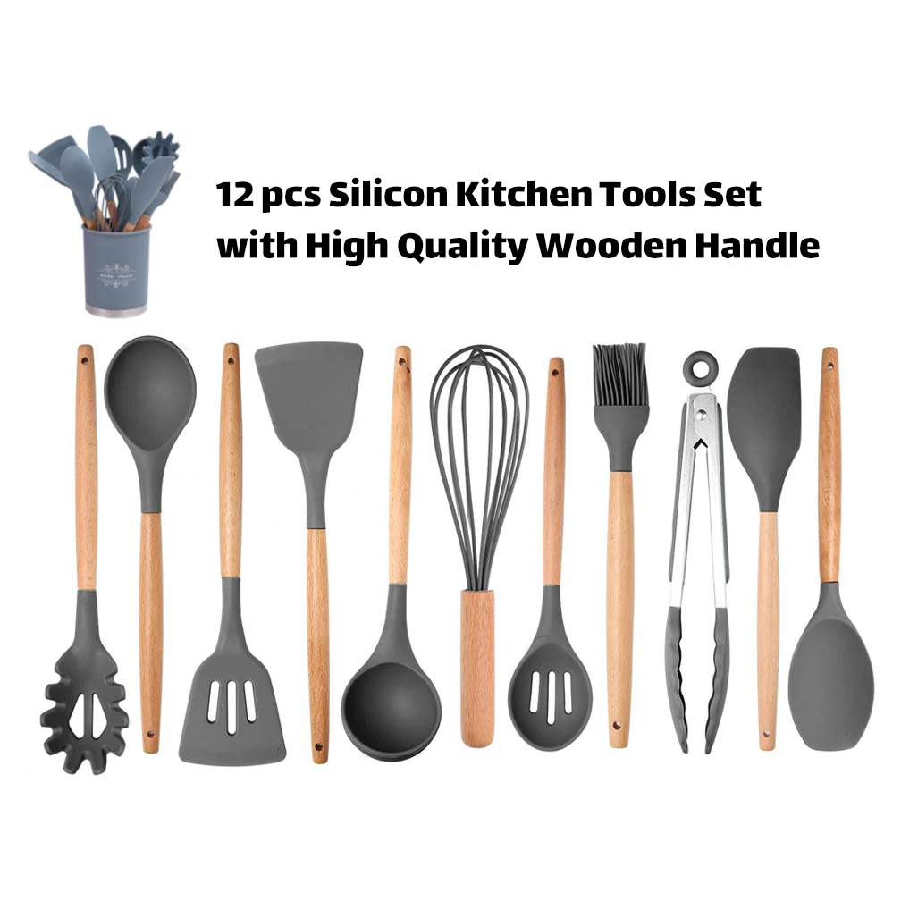 Silicon Kitchen Utensil Set with Wooden Handle 12 pcs - lunazchef.shop