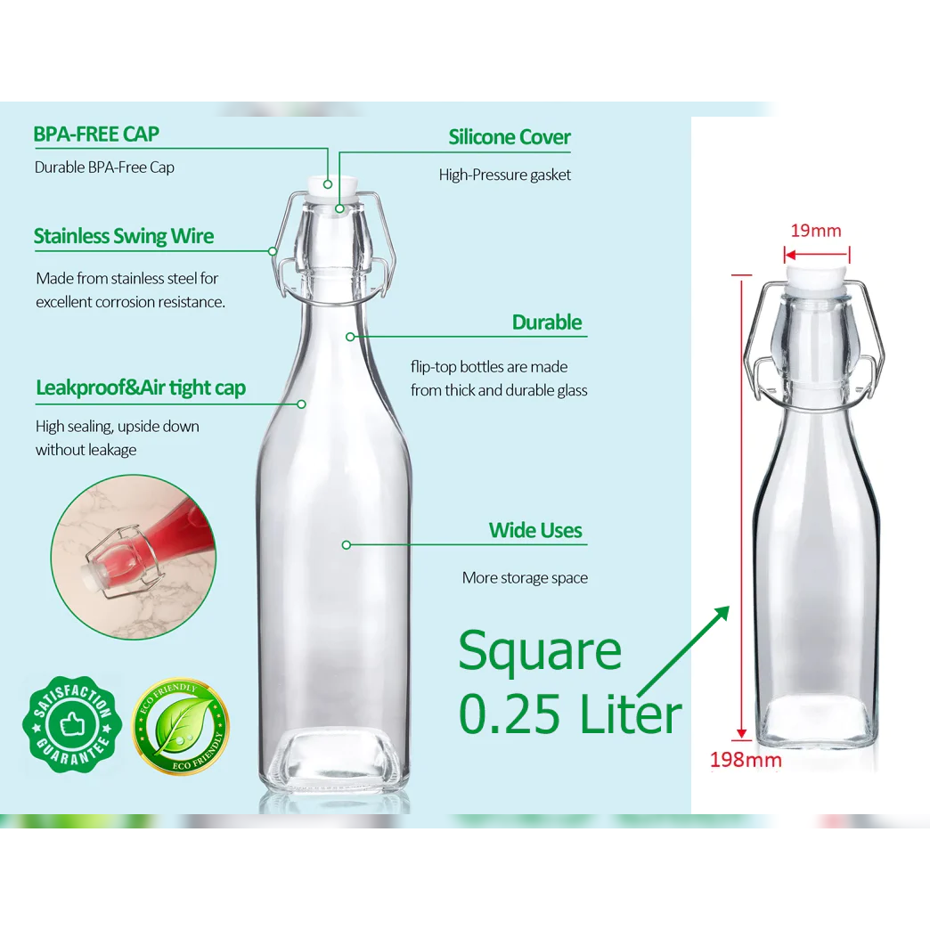 Square Glass Bottle with Flip-top Airtight Lid 0.25 Liter - lunazchef.shop