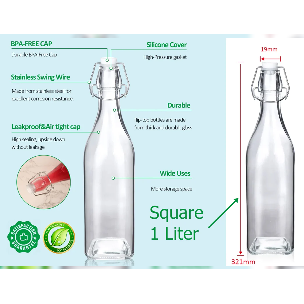 Square Glass Bottle with Flip-top Airtight Lid 1 Liter - lunazchef.shop