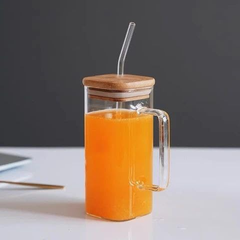 Square Smooth Clear Glass Drinking Mug with Bamboo Lid  - lunazchef.shop