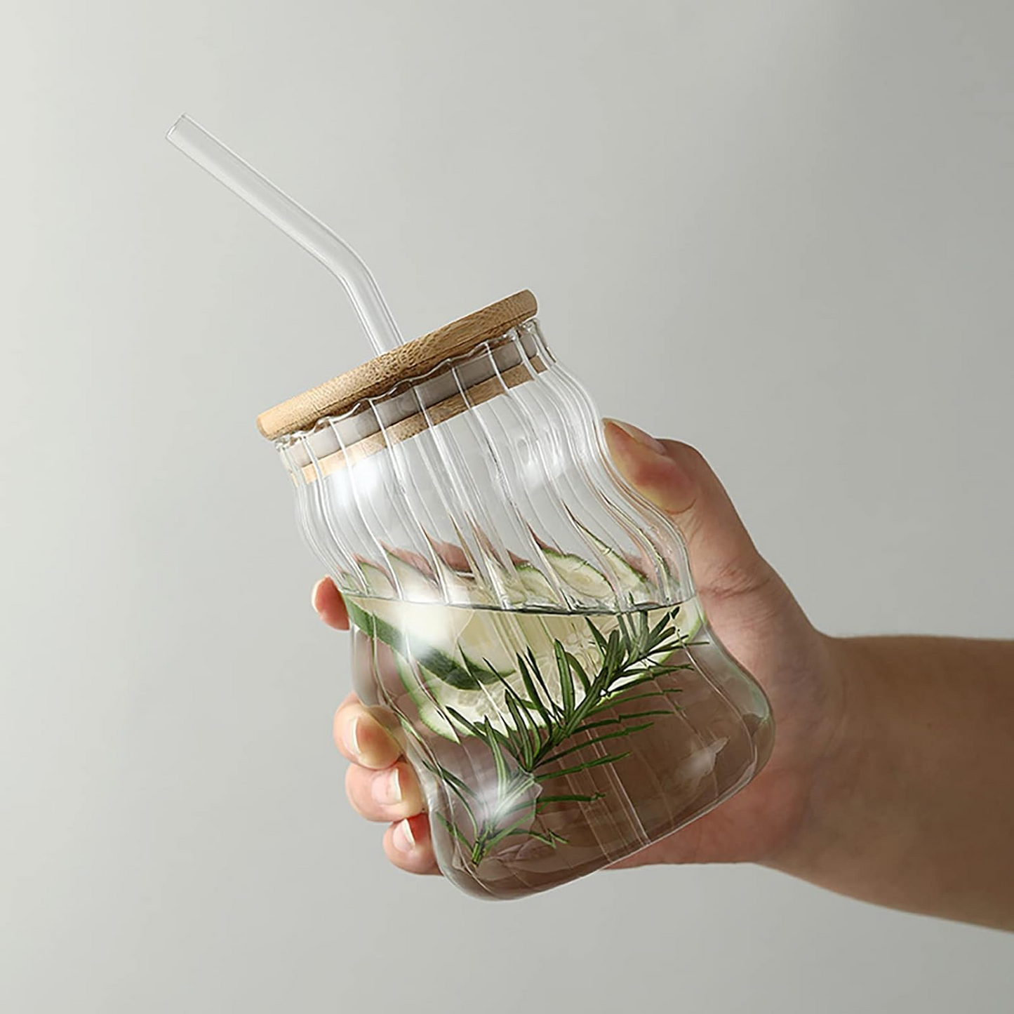 Wavy Glassware Drinking Cup with Bamboo Lid and Glass St - lunazchef.shop