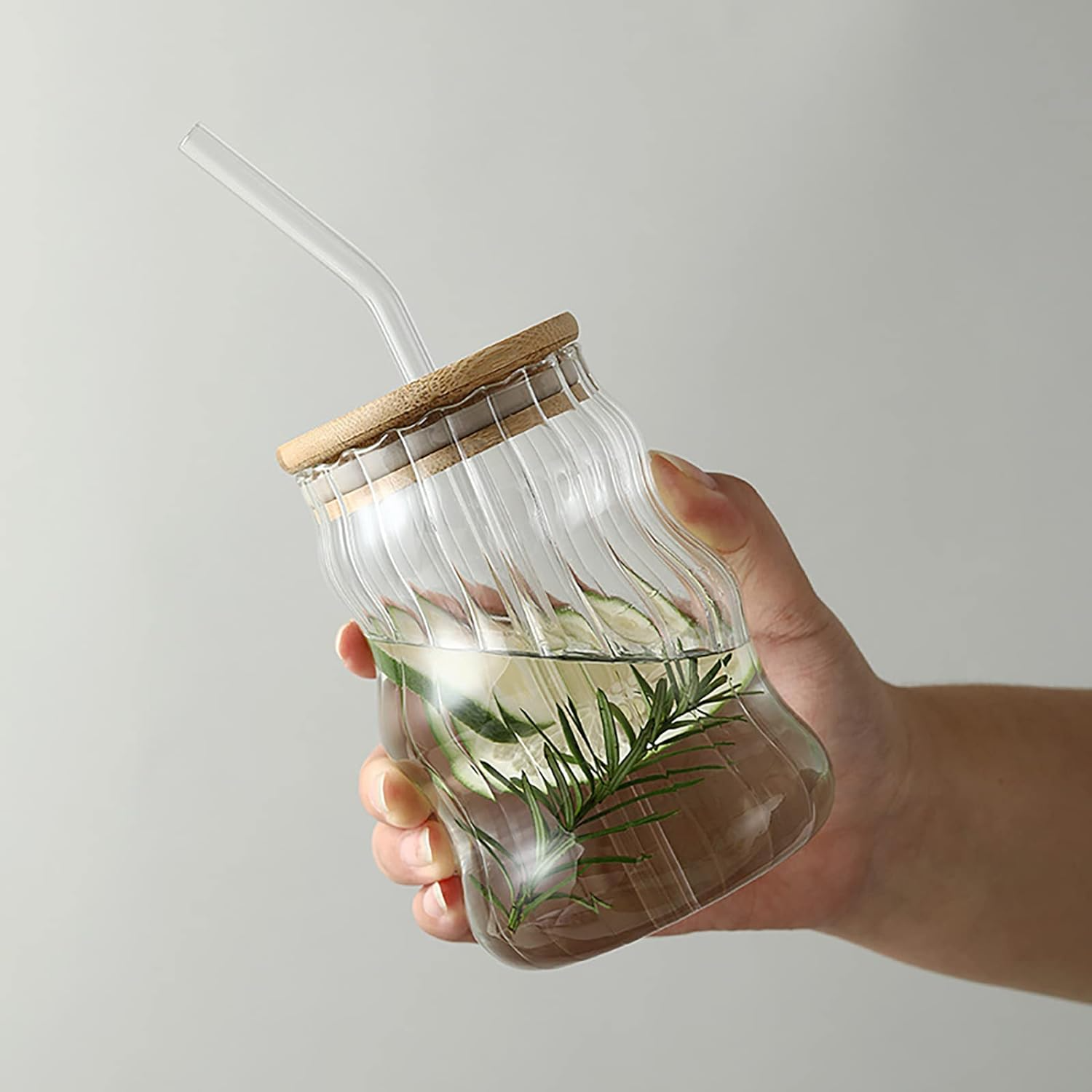 Wavy Glassware Drinking Cup with Bamboo Lid and Glass St - lunazchef.shop