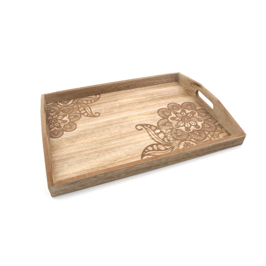 Wooden "Flower Engrave" Big Tray - lunazchef.shop