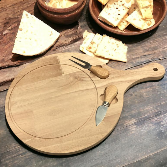 Wooden Round Cheese Board with Long Handle and 2 Knives - lunazchef.shop