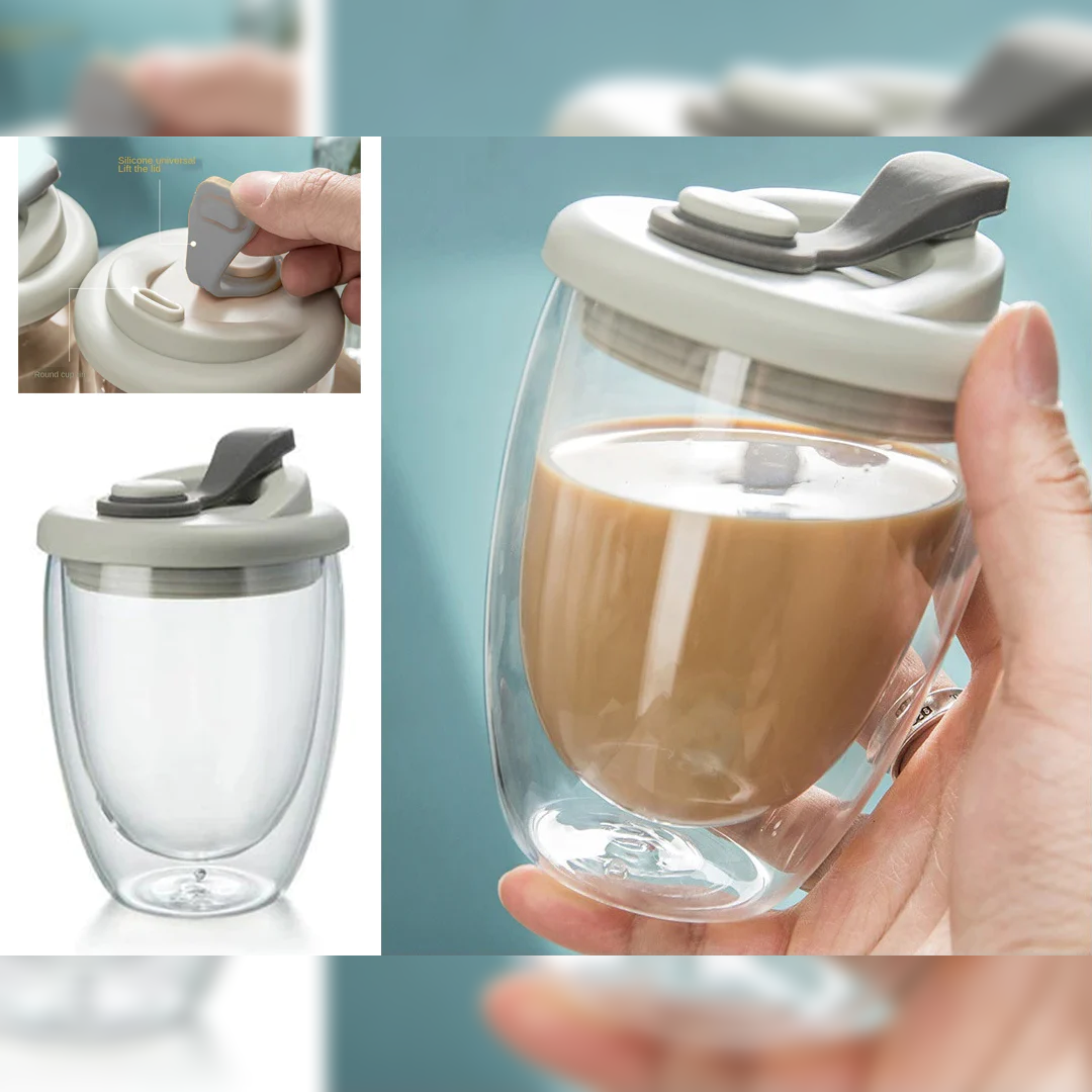 Double Wall Glass Cup with Leak Proof Cover 350 ml - lunazchef.shop