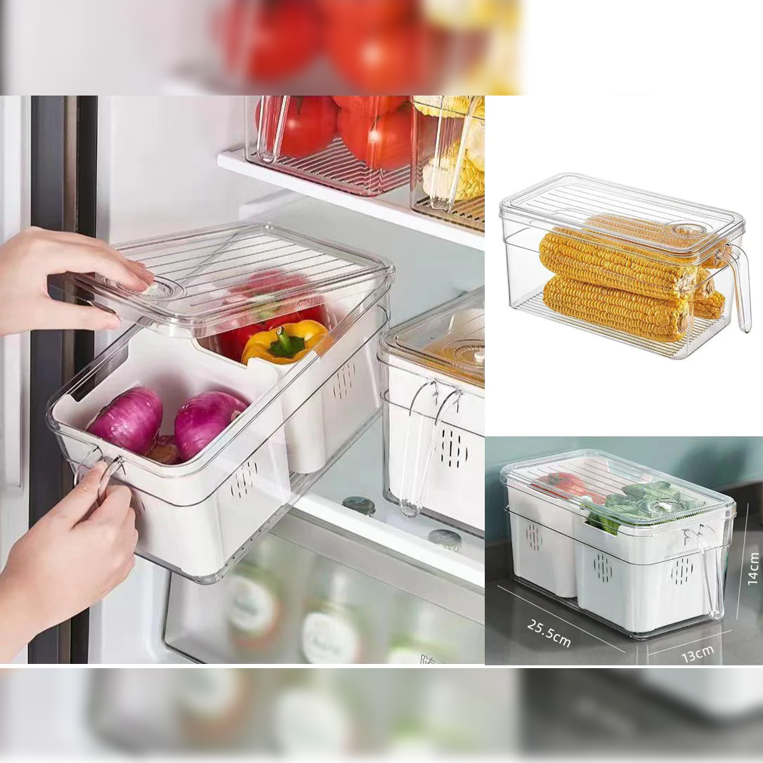 Fridge Storage Box w 2 Strainers & Cover & Handle - lunazchef.shop