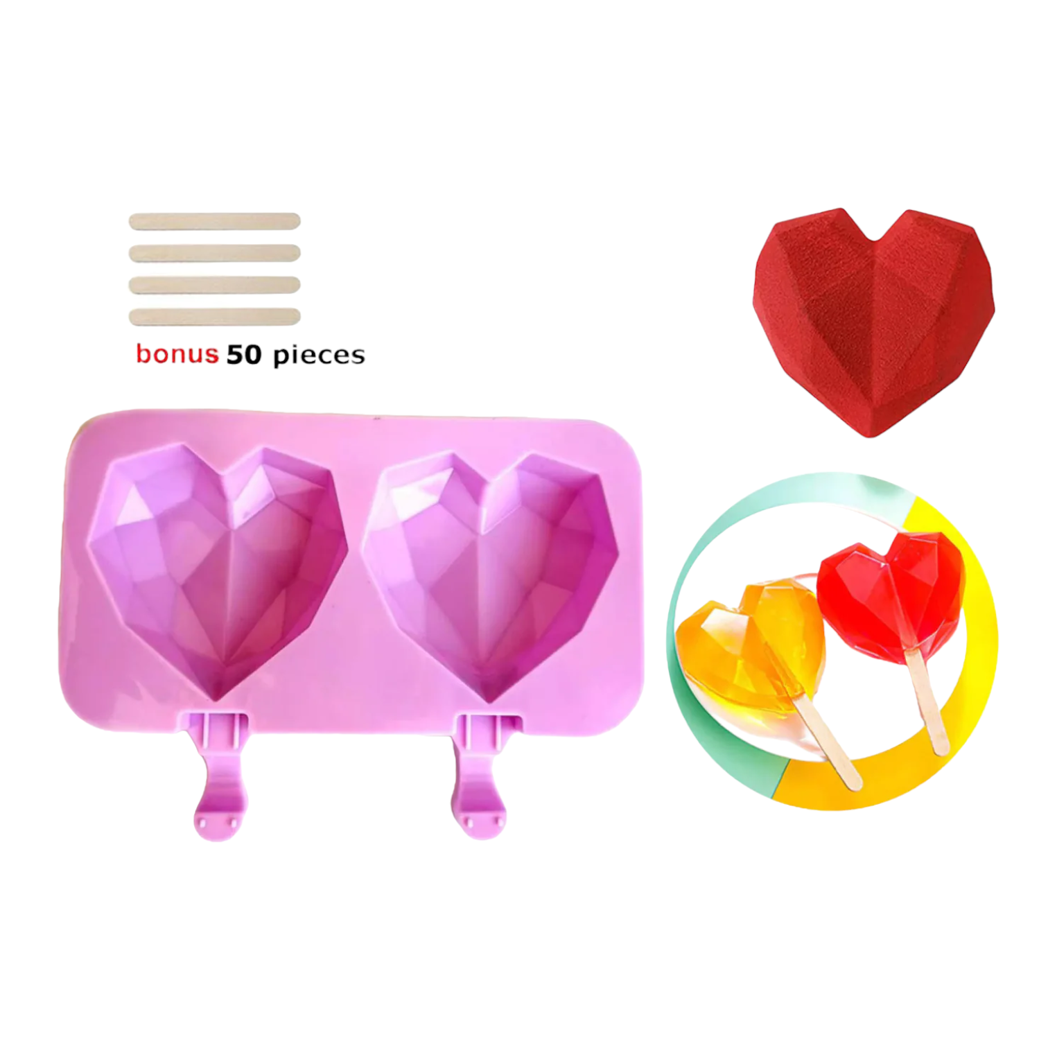 Silicone popsicle 3D Heart with sticks - lunazchef.shop