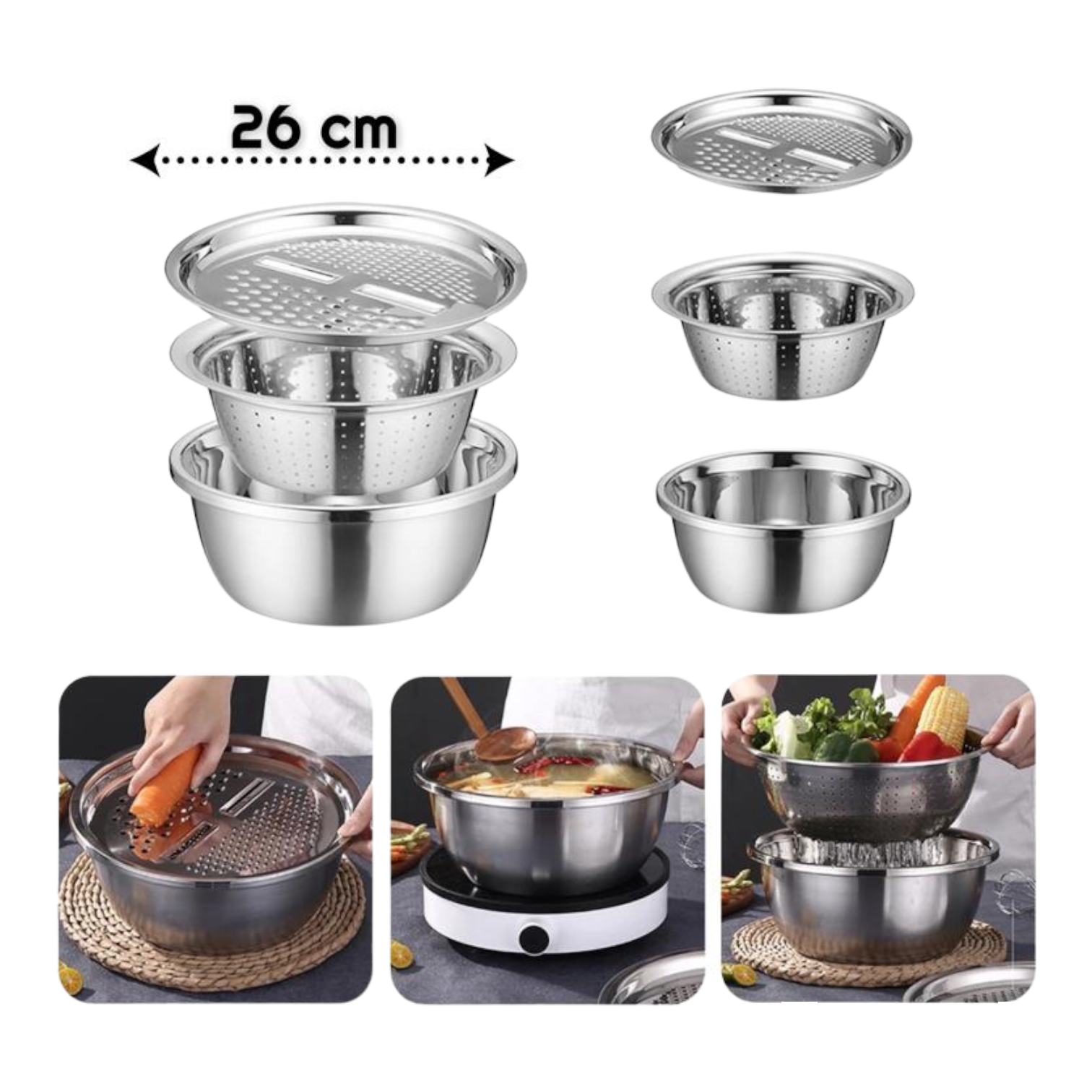 3 Pieces Stainless Steel-Grater with Strainer and Bowl - lunazchef.shop