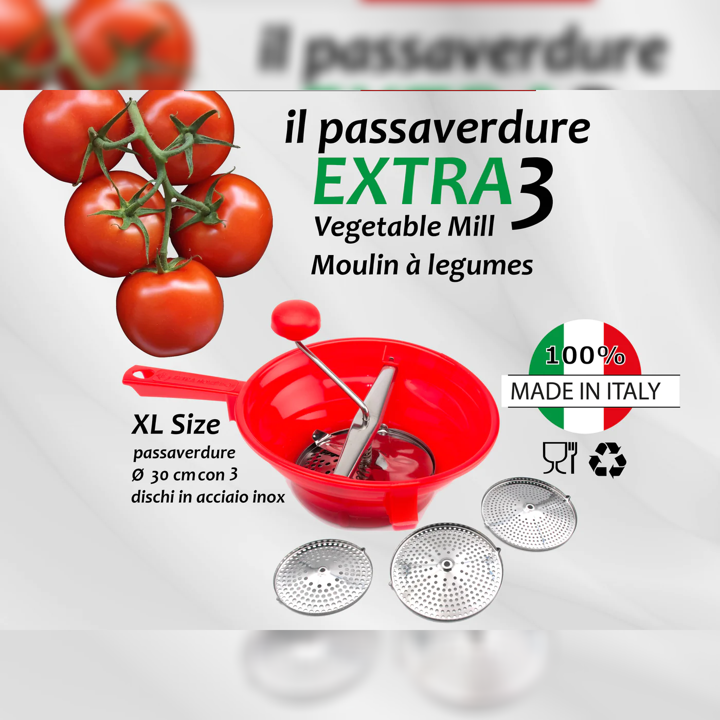 Plastic Vegetable Mill "Extra 3" 30 cm with Three Blades - lunazchef.shop